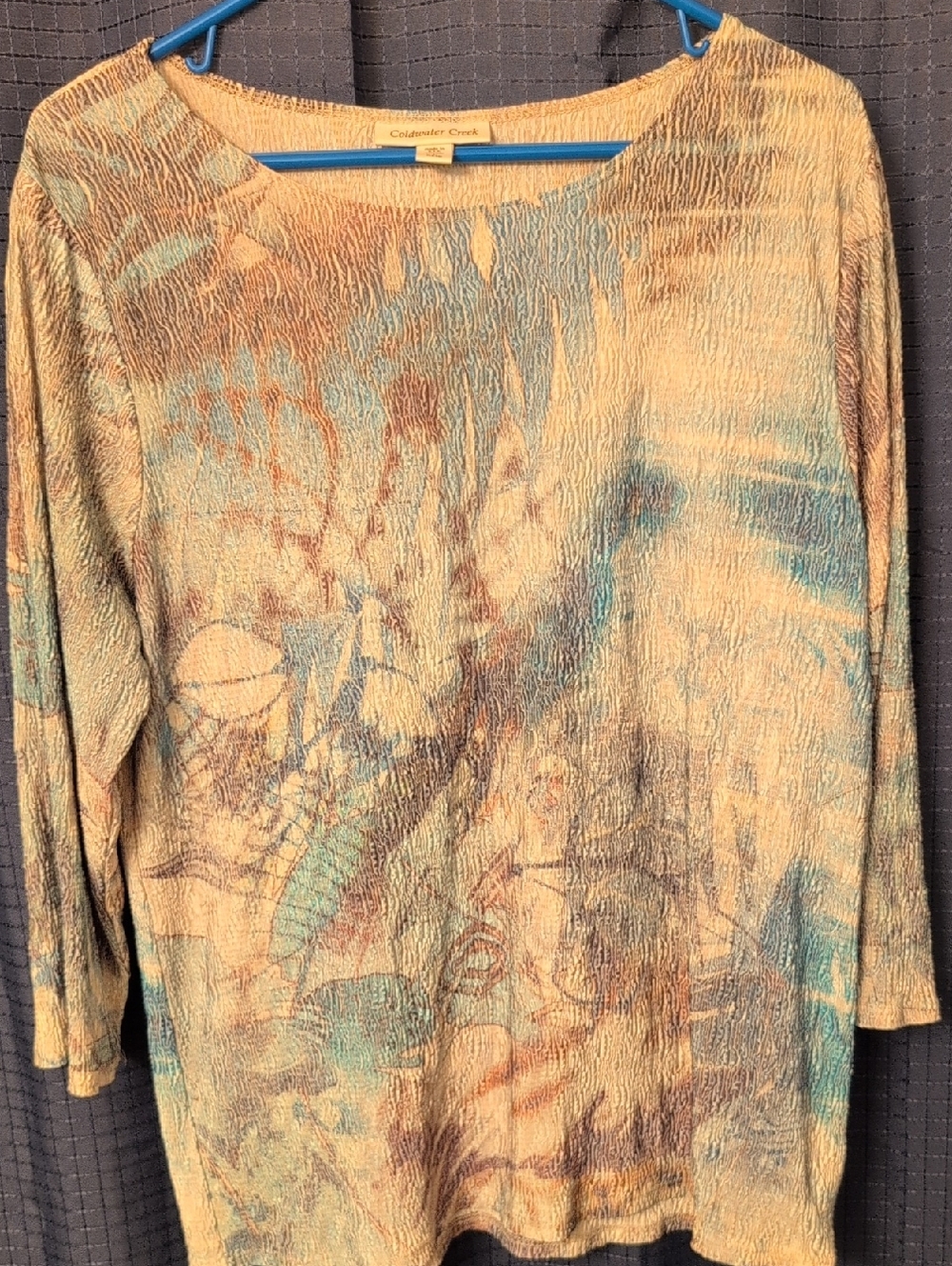 Like New Coldwater Creek Long Sleeve Scoop Neck Top in Tan and Blue 14/16 - Picture 11 of 11